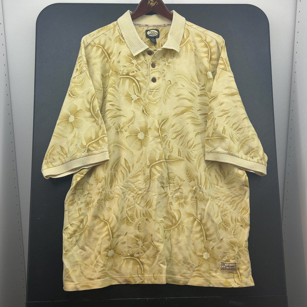 Tommy Bahama Mens XXL Polo Shirt Light Yellow Floral Tropical 100% Cotton Short